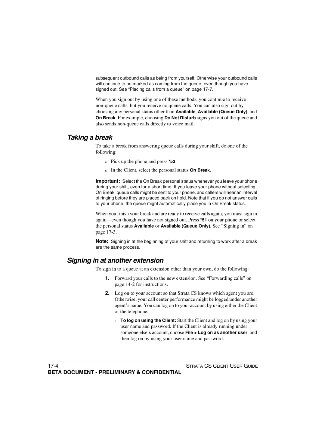 Toshiba Strata CS manual Taking a break, Signing in at another extension 