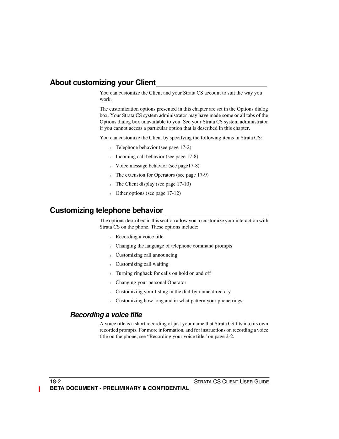 Toshiba Strata CS manual About customizing your Client, Customizing telephone behavior, Recording a voice title 