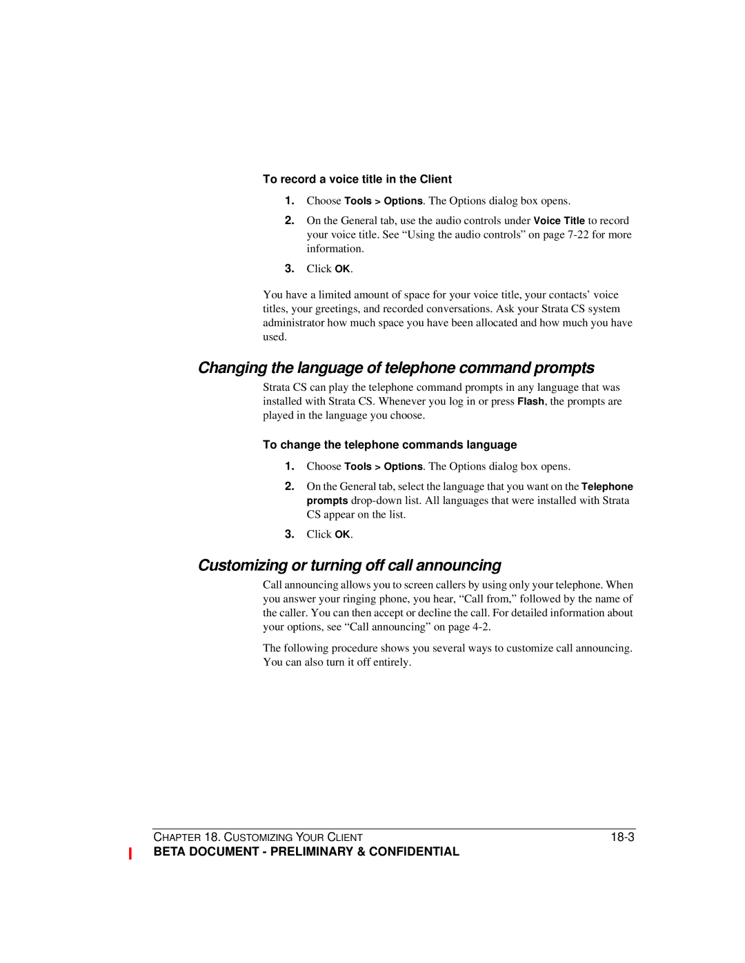 Toshiba Strata CS manual Changing the language of telephone command prompts, Customizing or turning off call announcing 