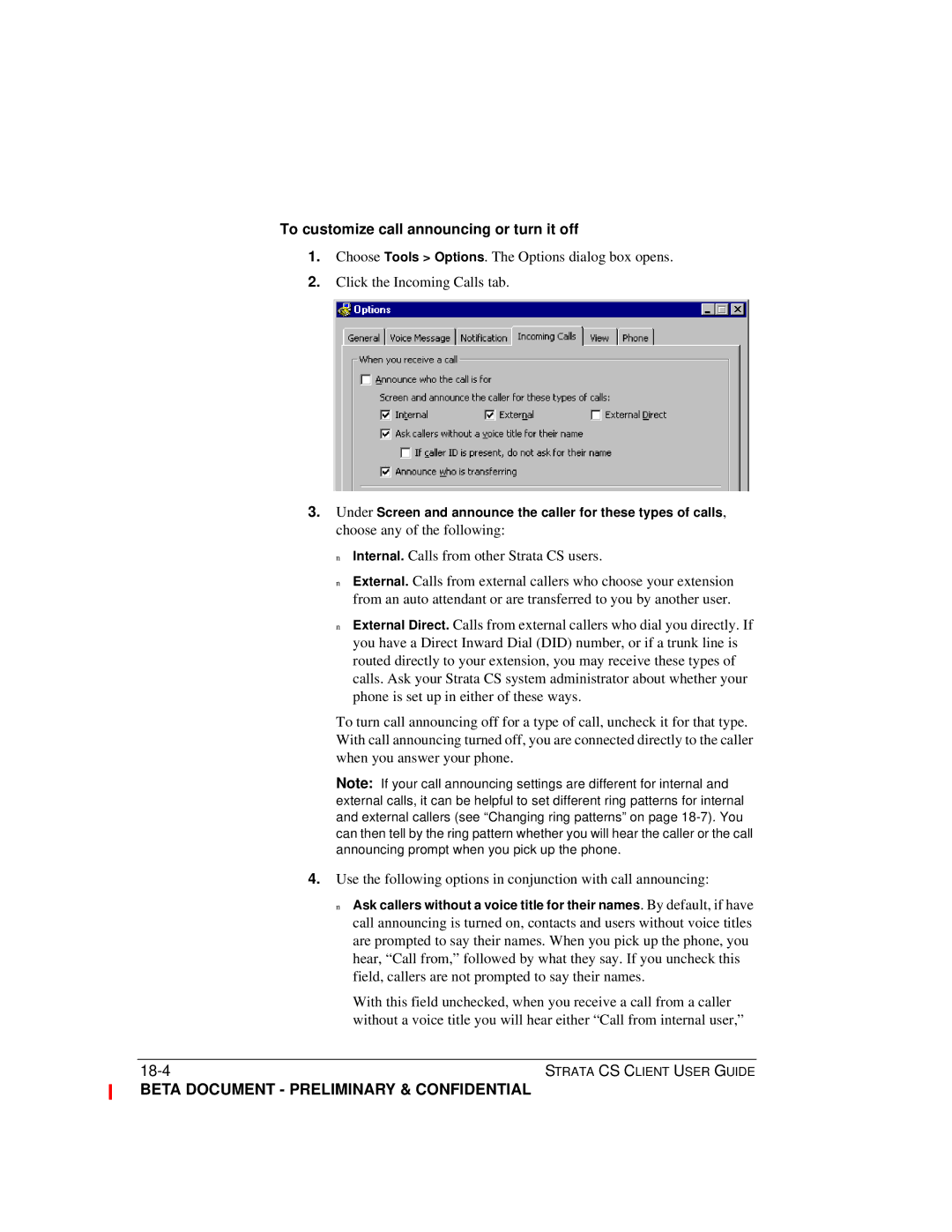 Toshiba manual To customize call announcing or turn it off, Internal. Calls from other Strata CS users 