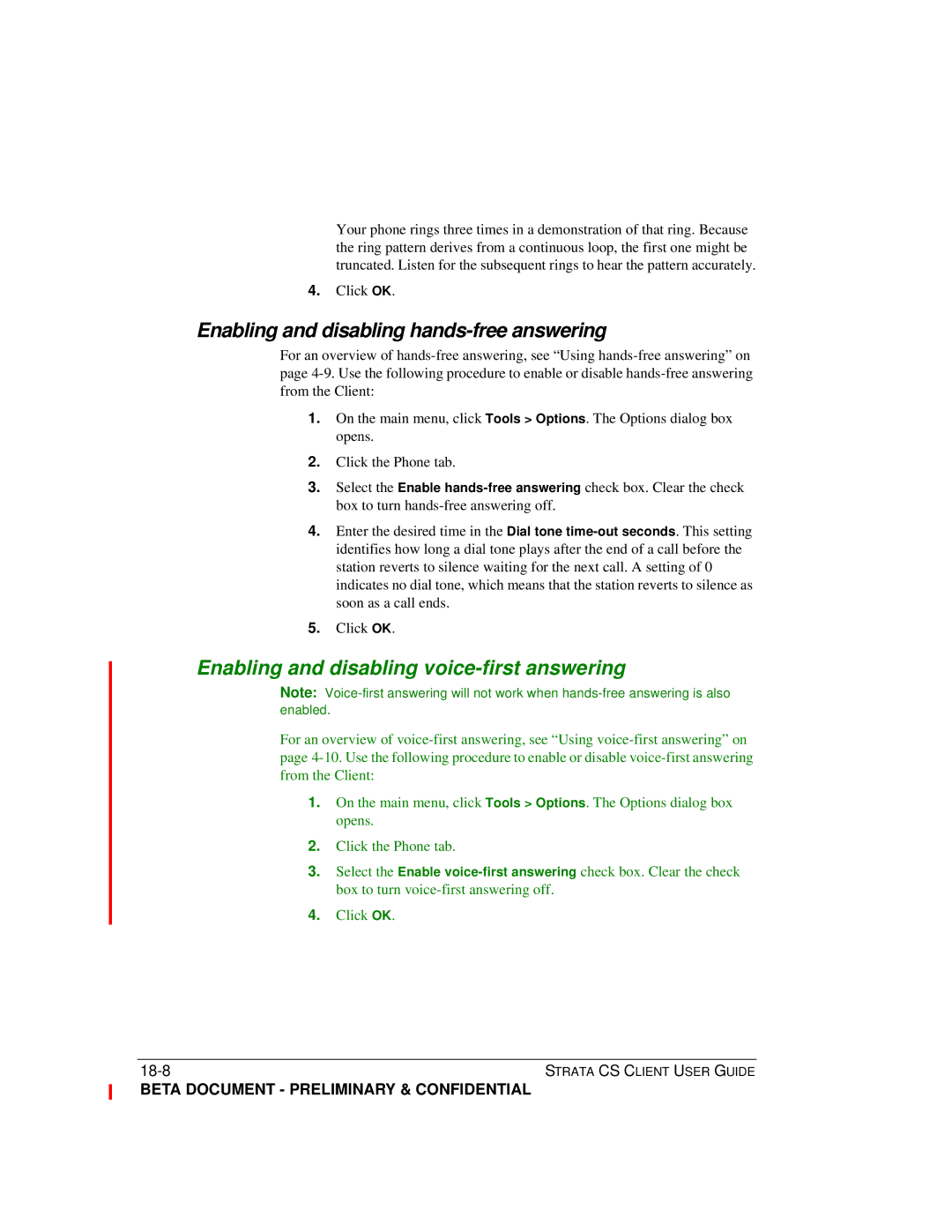 Toshiba Strata CS manual Enabling and disabling hands-free answering, Enabling and disabling voice-first answering 