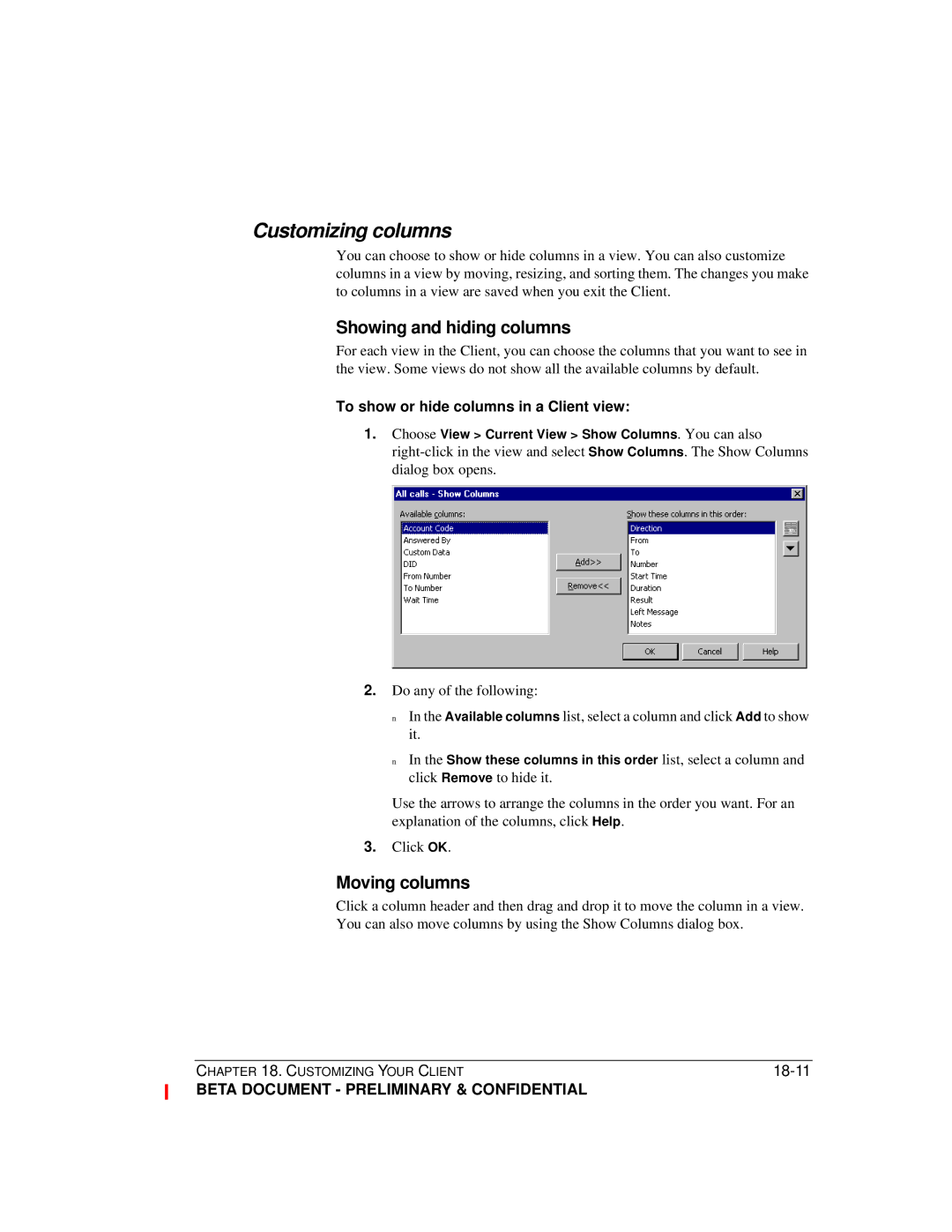 Toshiba Strata CS manual Customizing columns, Showing and hiding columns, Moving columns 