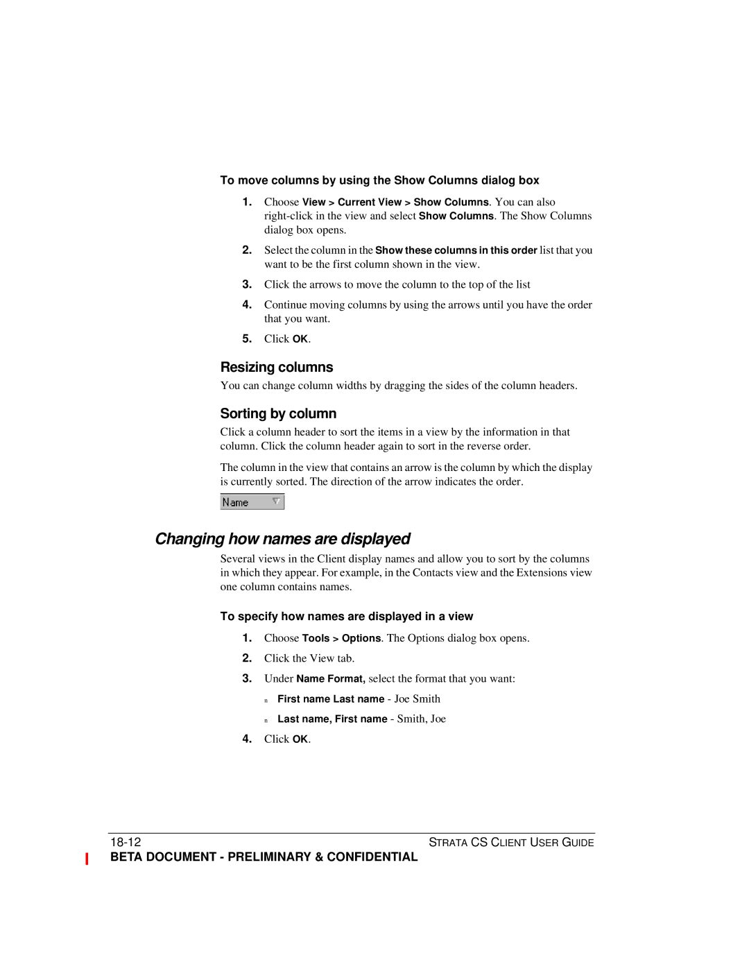 Toshiba Strata CS manual Changing how names are displayed, Resizing columns, Sorting by column 