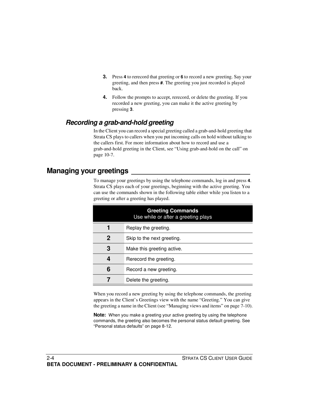 Toshiba Strata CS manual Managing your greetings, Recording a grab-and-hold greeting 