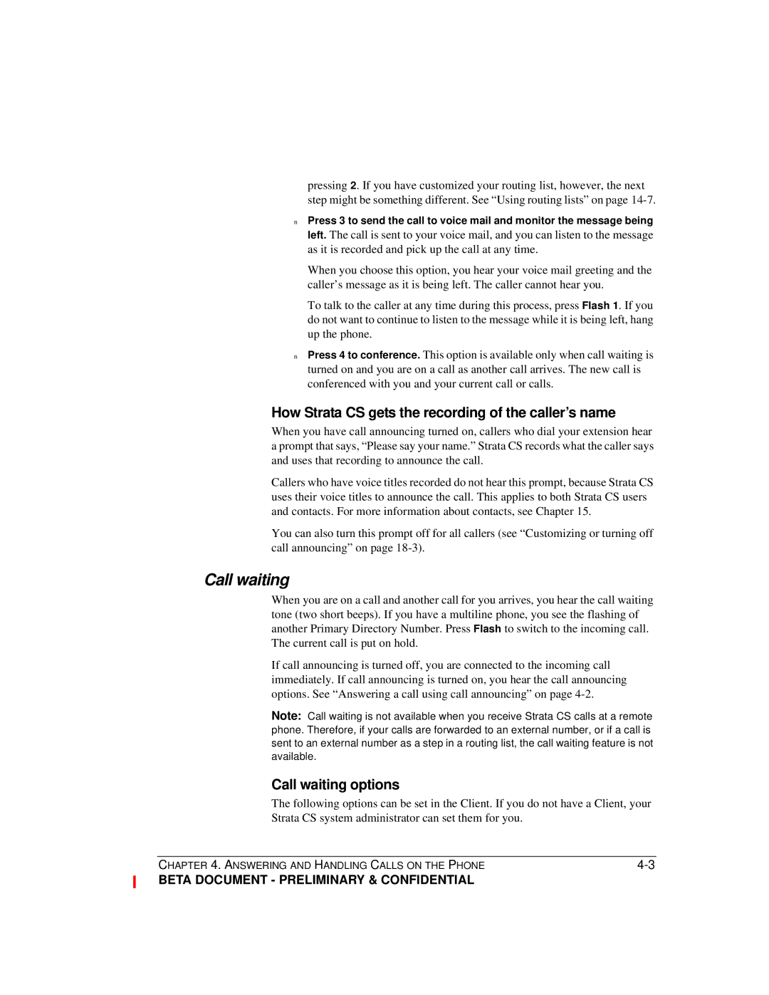 Toshiba manual How Strata CS gets the recording of the caller’s name, Call waiting options 