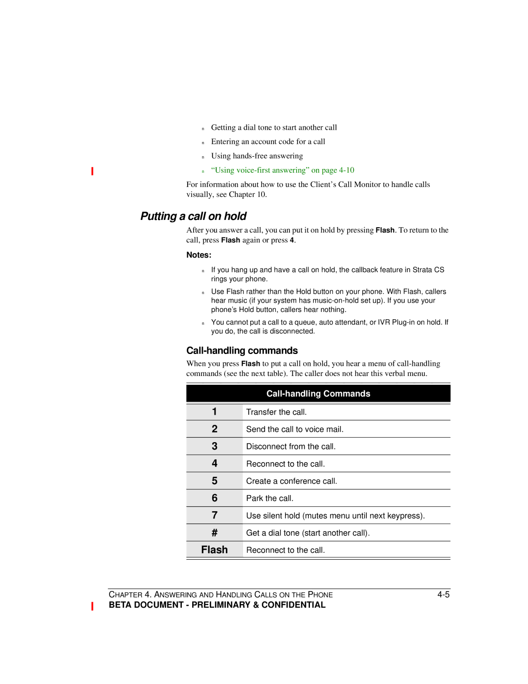 Toshiba Strata CS manual Putting a call on hold, Call-handling commands 