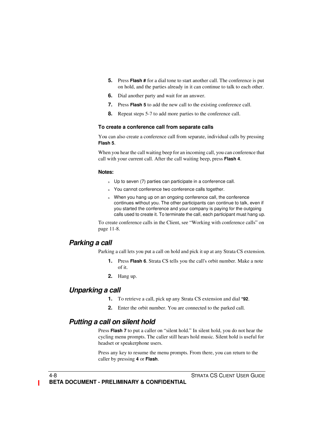 Toshiba Strata CS manual Parking a call, Unparking a call, Putting a call on silent hold 