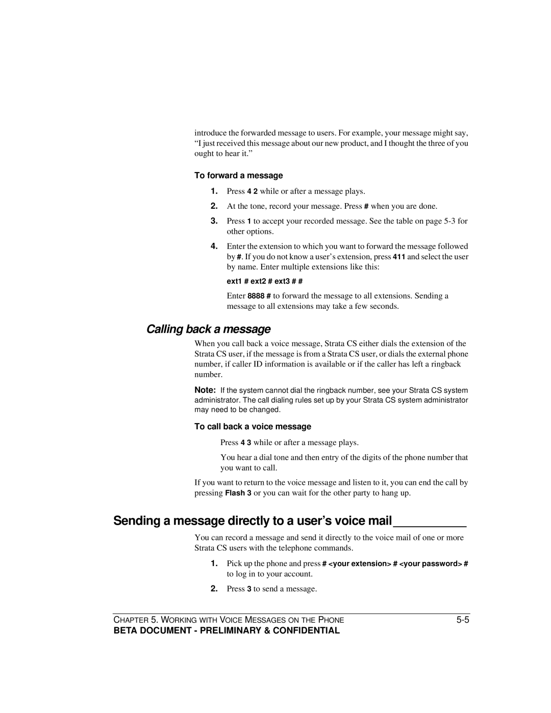 Toshiba Strata CS manual Sending a message directly to a user’s voice mail, Calling back a message, To forward a message 