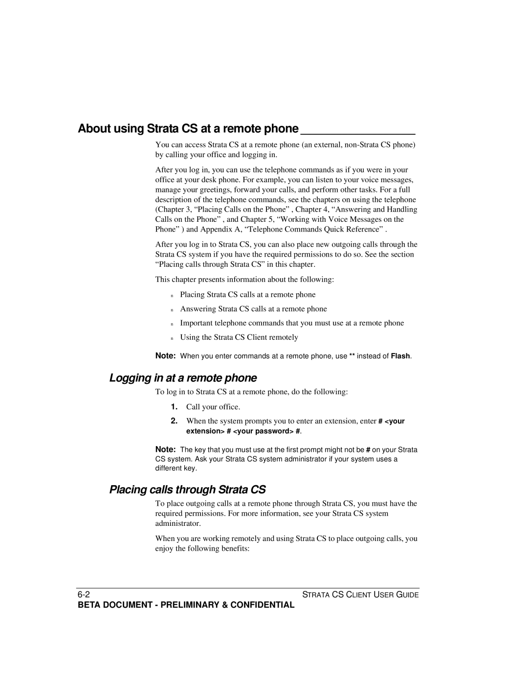 Toshiba manual About using Strata CS at a remote phone, Logging in at a remote phone, Placing calls through Strata CS 