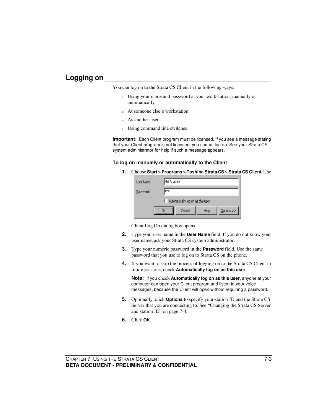 Toshiba Strata CS Logging on, To log on manually or automatically to the Client 