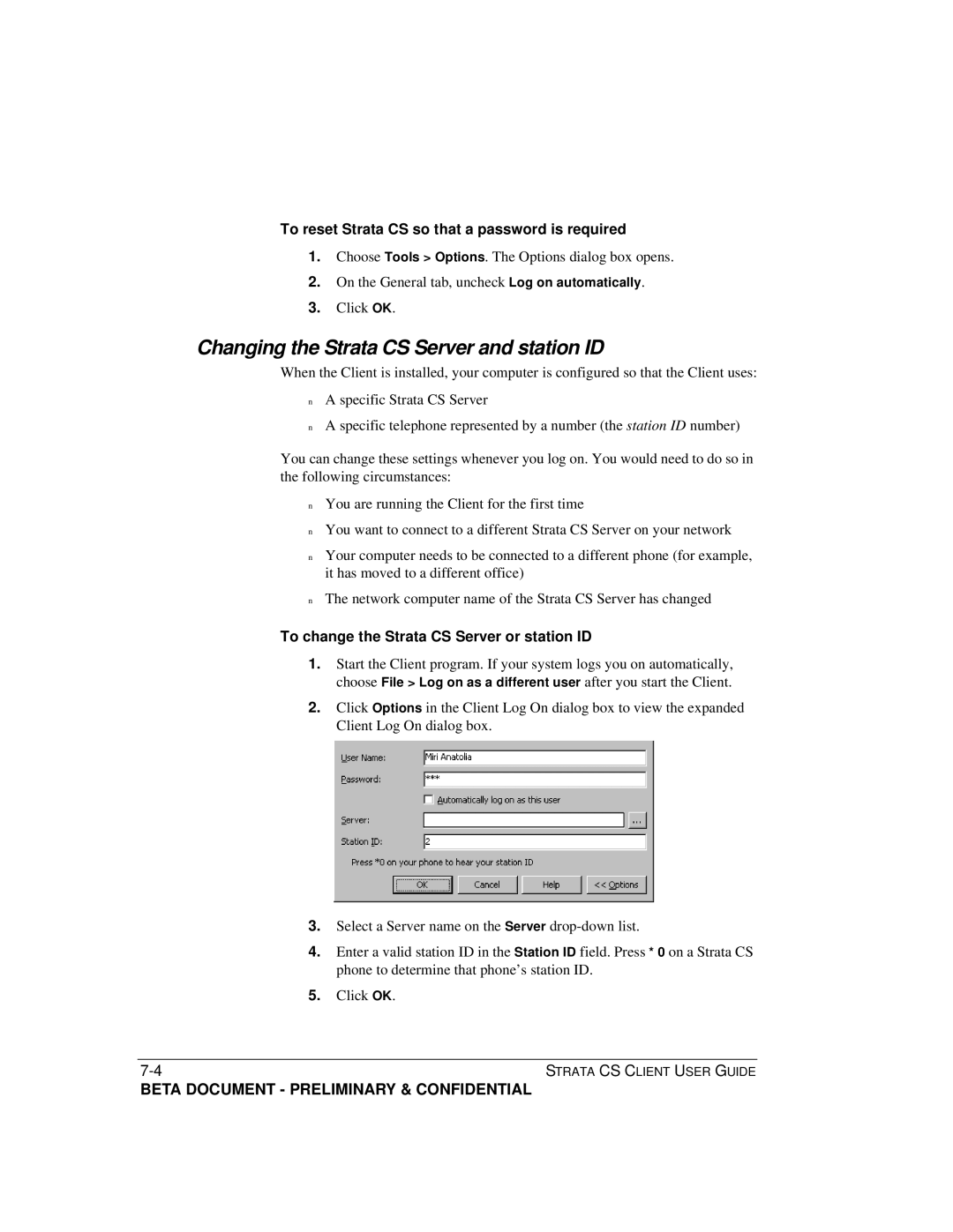 Toshiba manual Changing the Strata CS Server and station ID, To reset Strata CS so that a password is required 