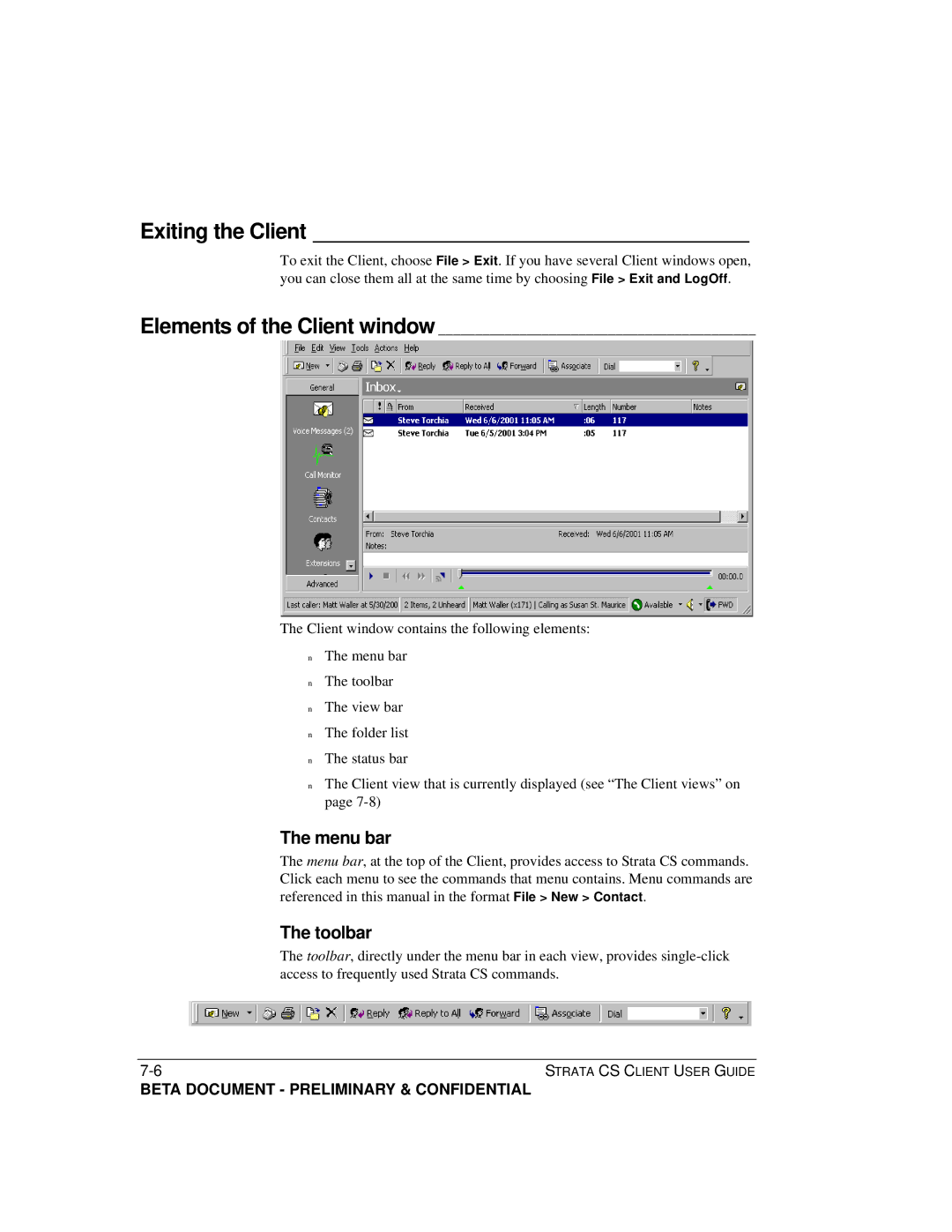 Toshiba Strata CS manual Exiting the Client, Menu bar, Toolbar 