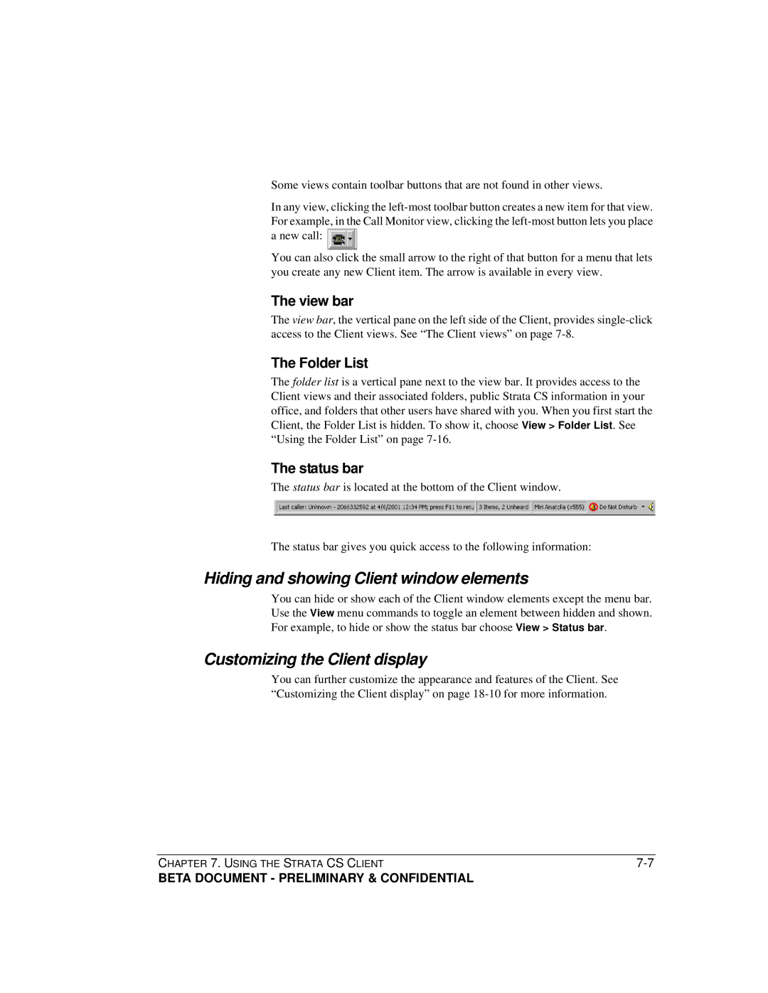 Toshiba Strata CS manual Hiding and showing Client window elements, Customizing the Client display, View bar, Folder List 