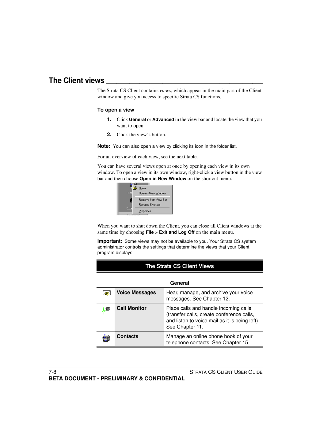 Toshiba Strata CS manual To open a view, General, Voice Messages, Call Monitor, Contacts 