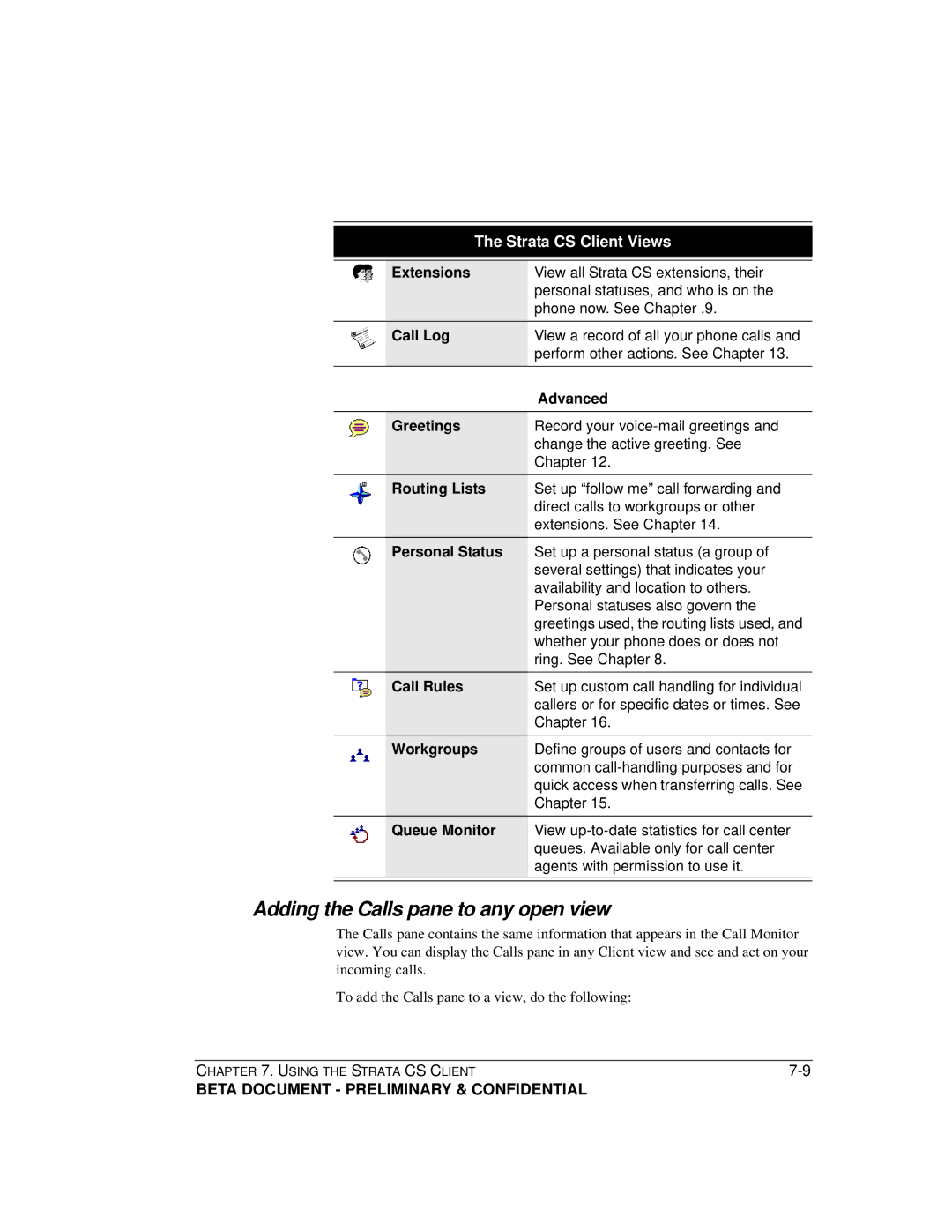 Toshiba Strata CS manual Adding the Calls pane to any open view 