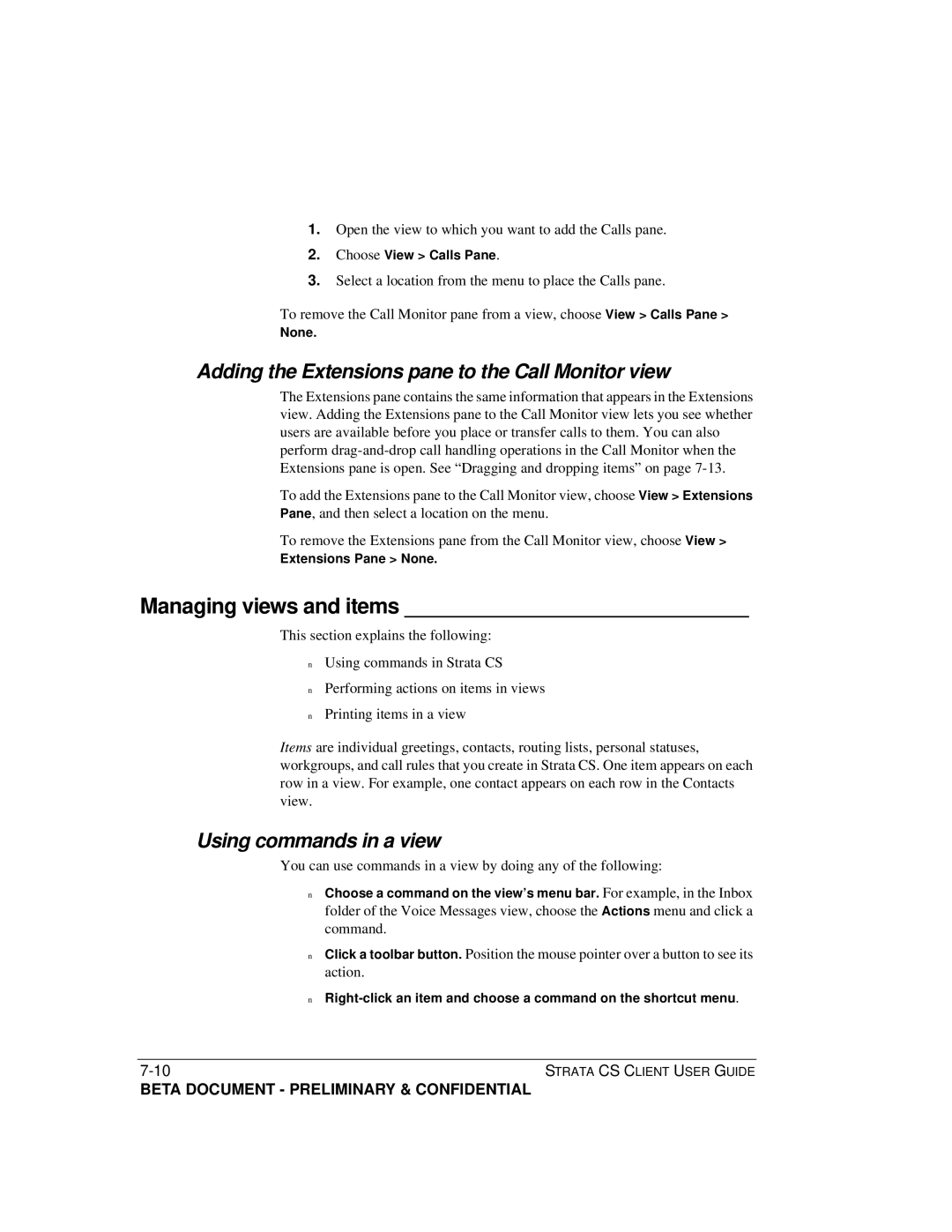 Toshiba Strata CS Managing views and items, Adding the Extensions pane to the Call Monitor view, Using commands in a view 