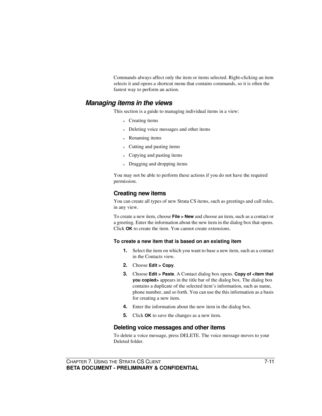 Toshiba Strata CS manual Managing items in the views, Creating new items, Deleting voice messages and other items 