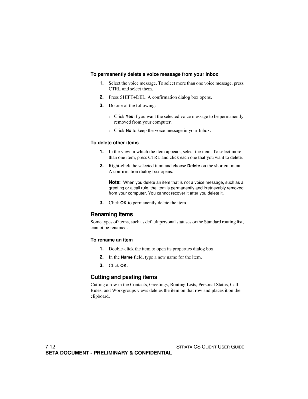 Toshiba Strata CS manual Renaming items, Cutting and pasting items, To permanently delete a voice message from your Inbox 