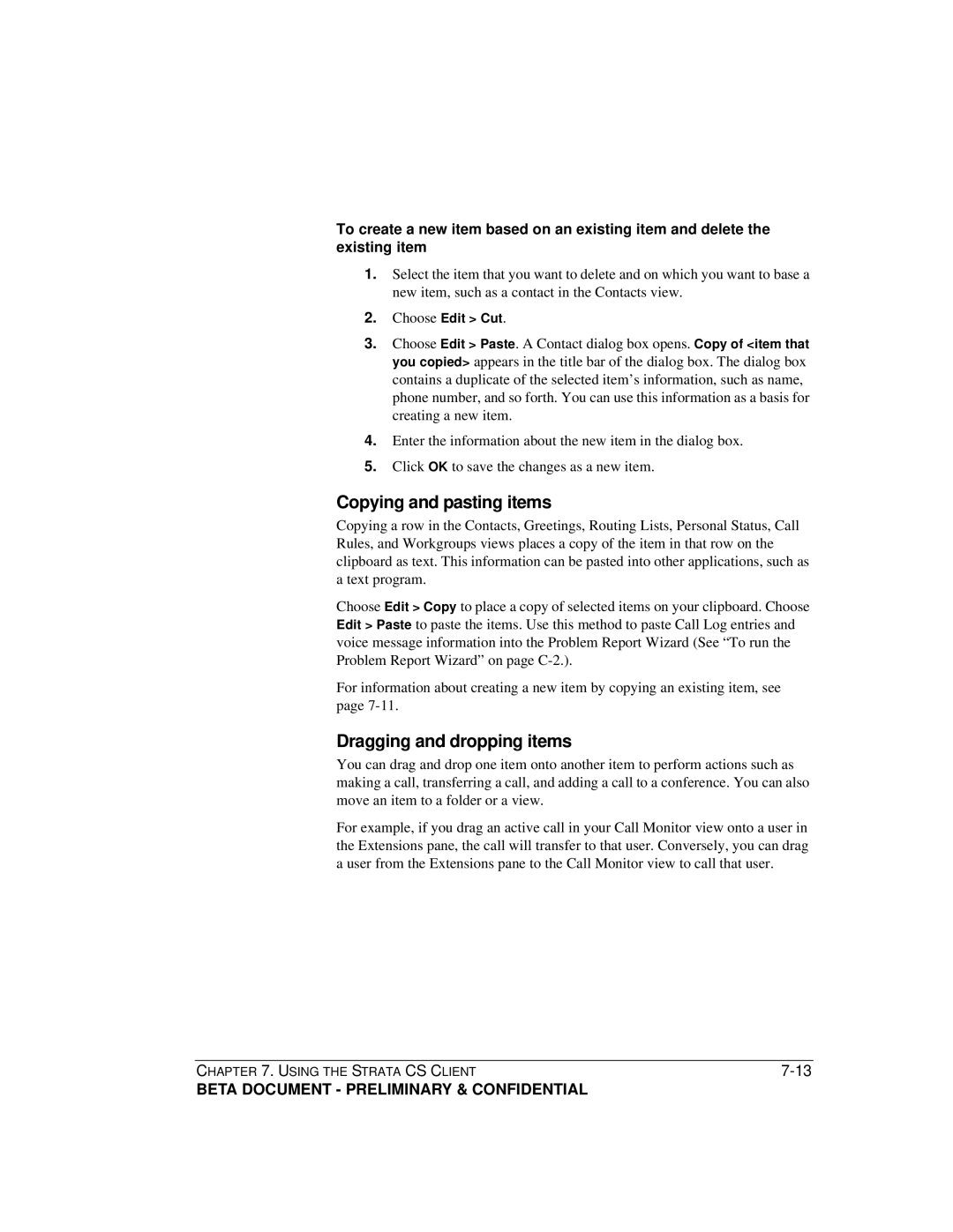 Toshiba Strata CS manual Copying and pasting items, Dragging and dropping items 