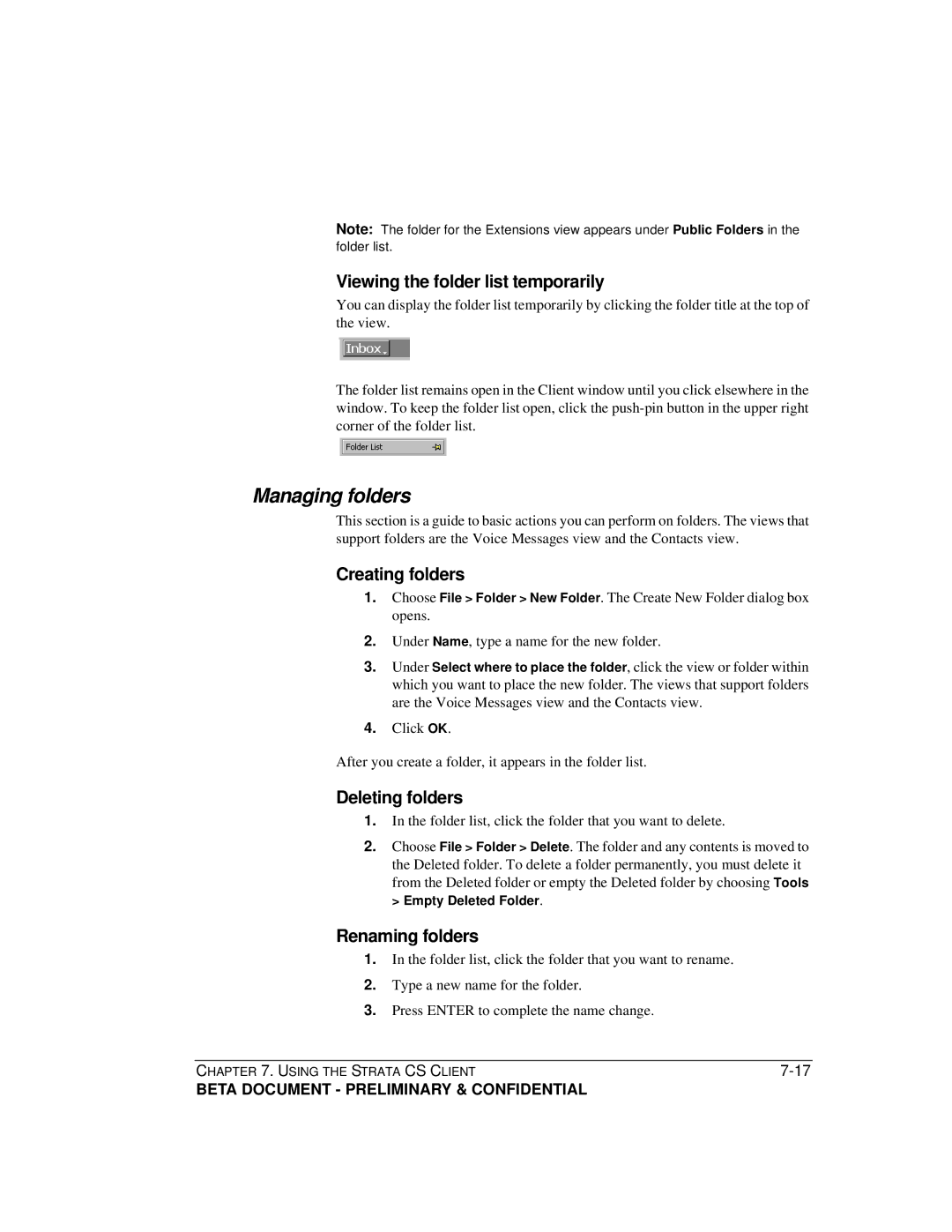 Toshiba Strata CS manual Managing folders, Viewing the folder list temporarily, Creating folders, Deleting folders 