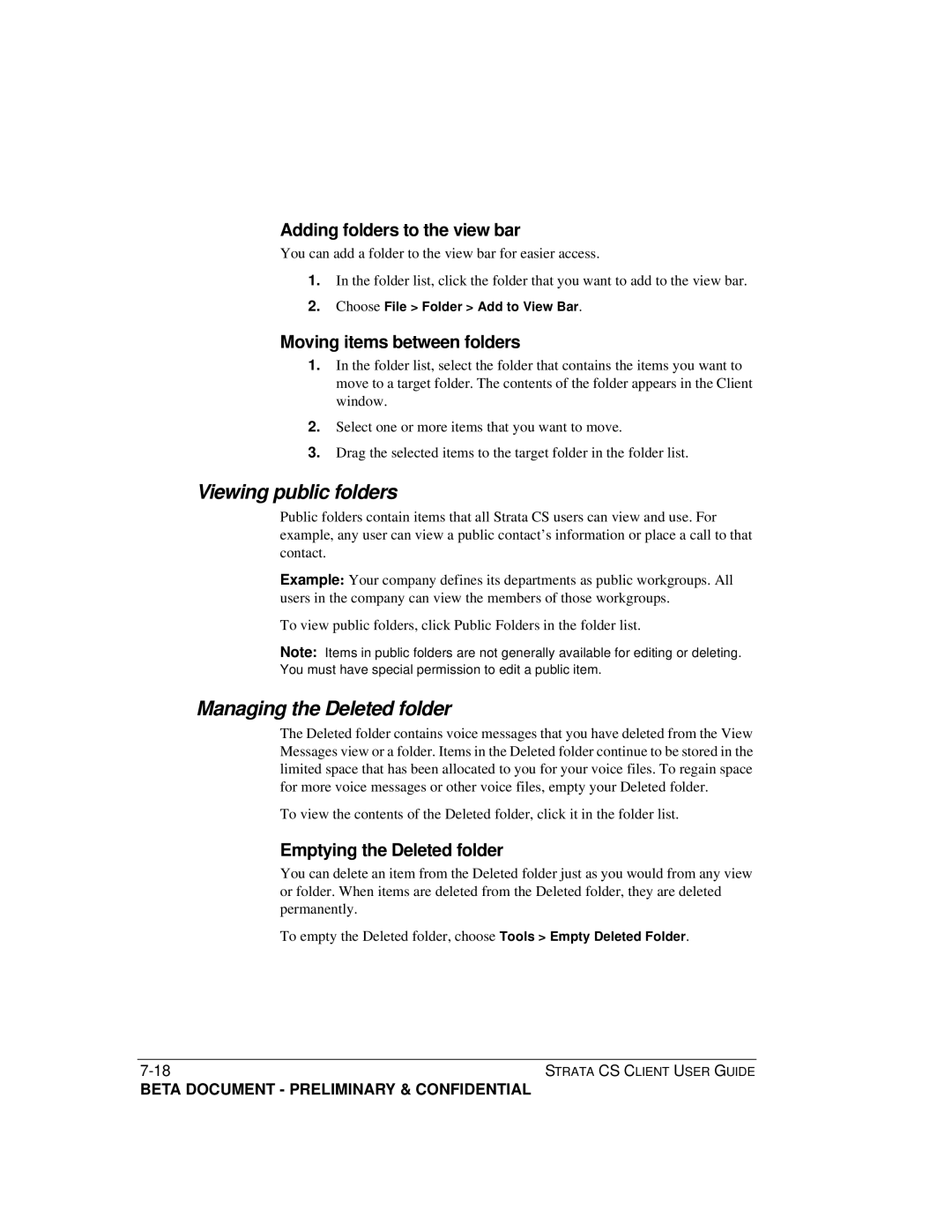 Toshiba Strata CS manual Viewing public folders, Managing the Deleted folder, Adding folders to the view bar 