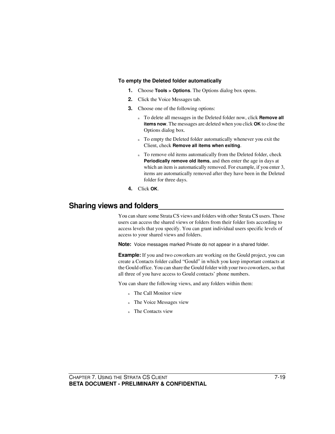 Toshiba Strata CS manual Sharing views and folders, To empty the Deleted folder automatically 