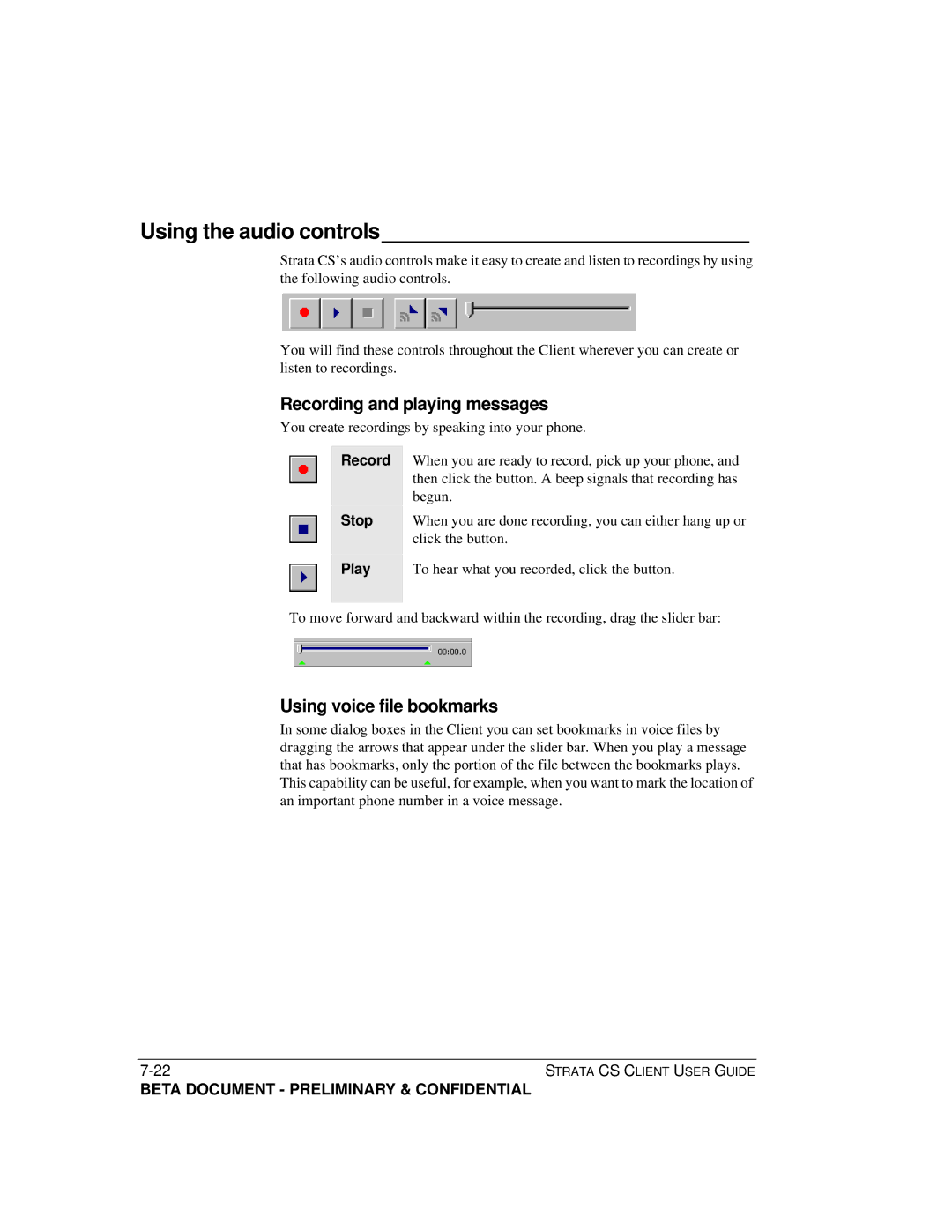 Toshiba Strata CS manual Using the audio controls, Recording and playing messages, Using voice file bookmarks 