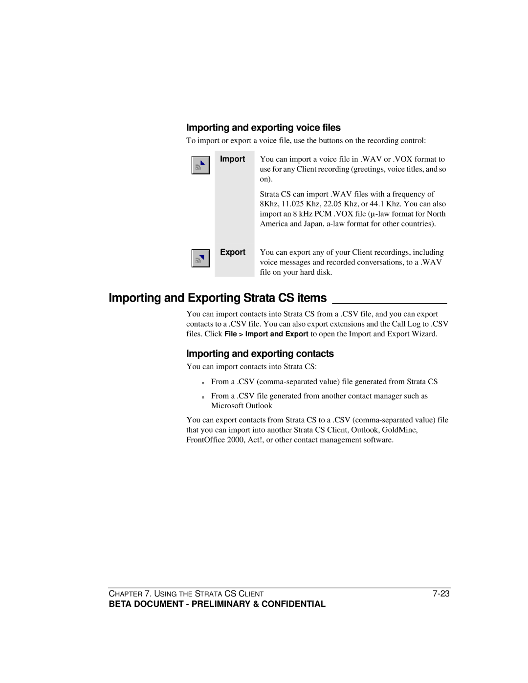 Toshiba Importing and Exporting Strata CS items, Importing and exporting voice files, Importing and exporting contacts 