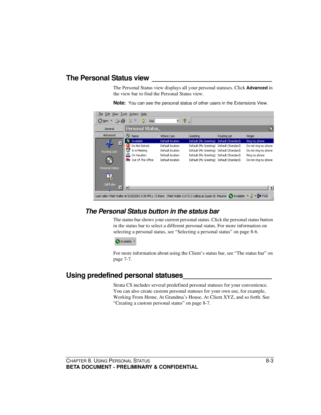 Toshiba Strata CS manual Personal Status view, Using predefined personal statuses, Personal Status button in the status bar 