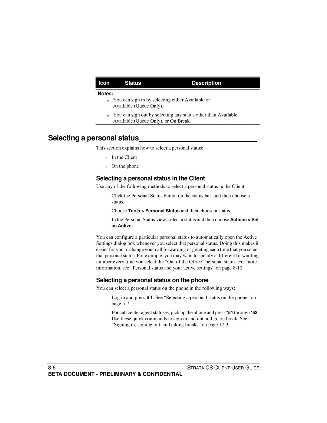 Toshiba Strata CS manual Selecting a personal status in the Client, Selecting a personal status on the phone 