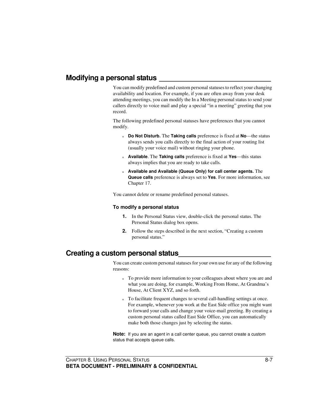 Toshiba Strata CS manual Modifying a personal status, Creating a custom personal status, To modify a personal status 