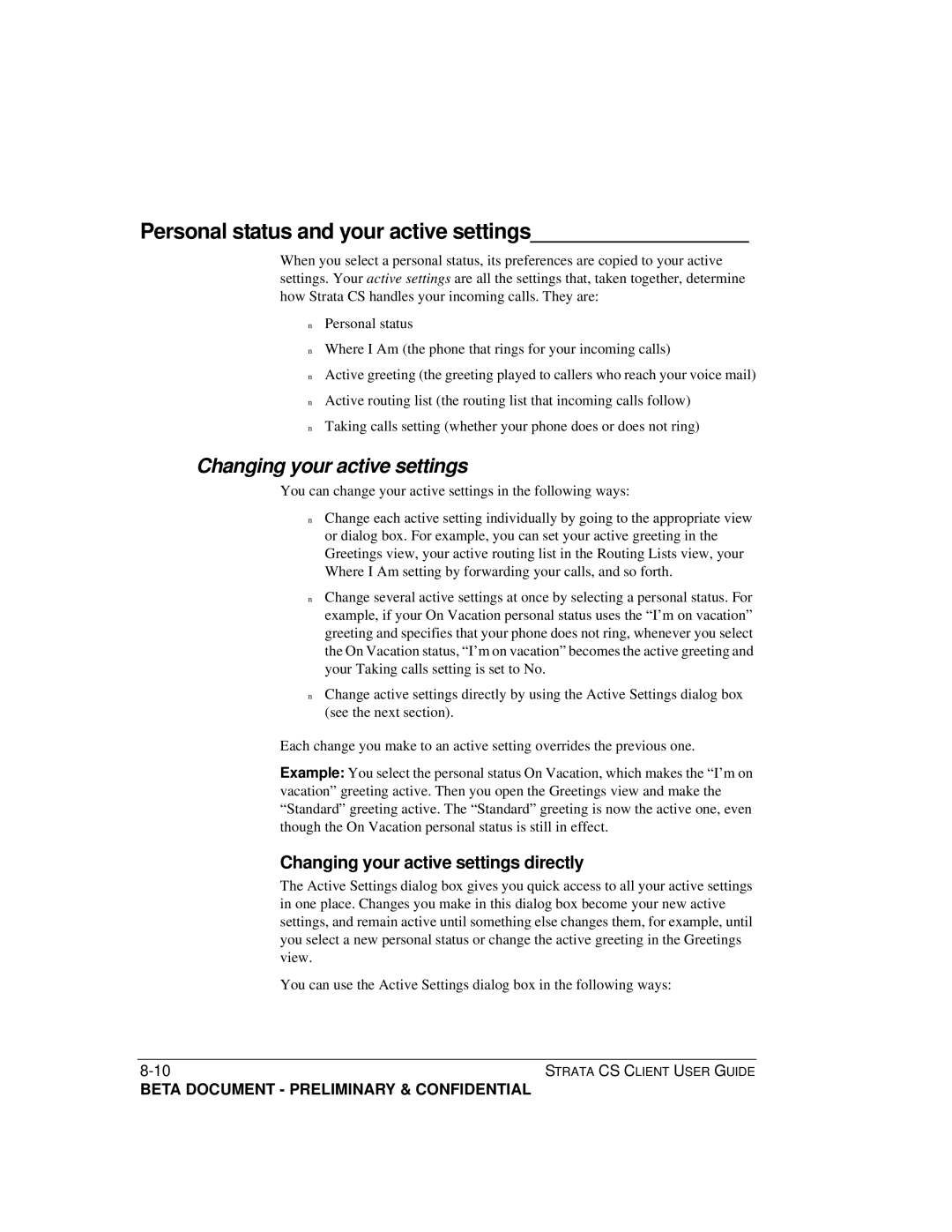 Toshiba Strata CS manual Personal status and your active settings, Changing your active settings 