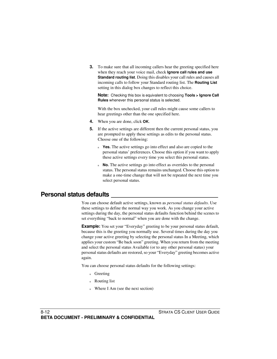 Toshiba Strata CS manual Personal status defaults 