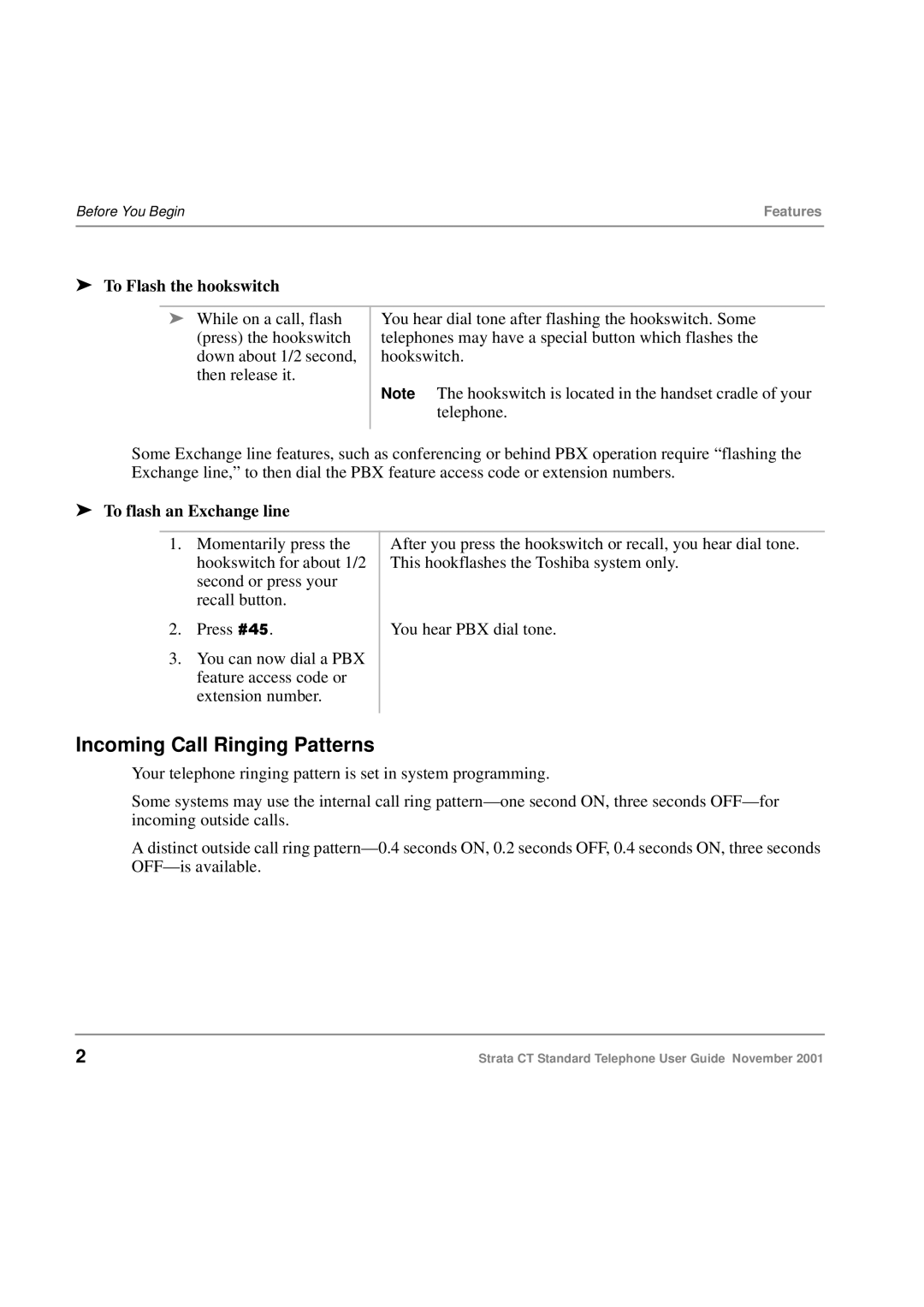 Toshiba Strata CT manual Incoming Call Ringing Patterns, To Flash the hookswitch, To flash an Exchange line 