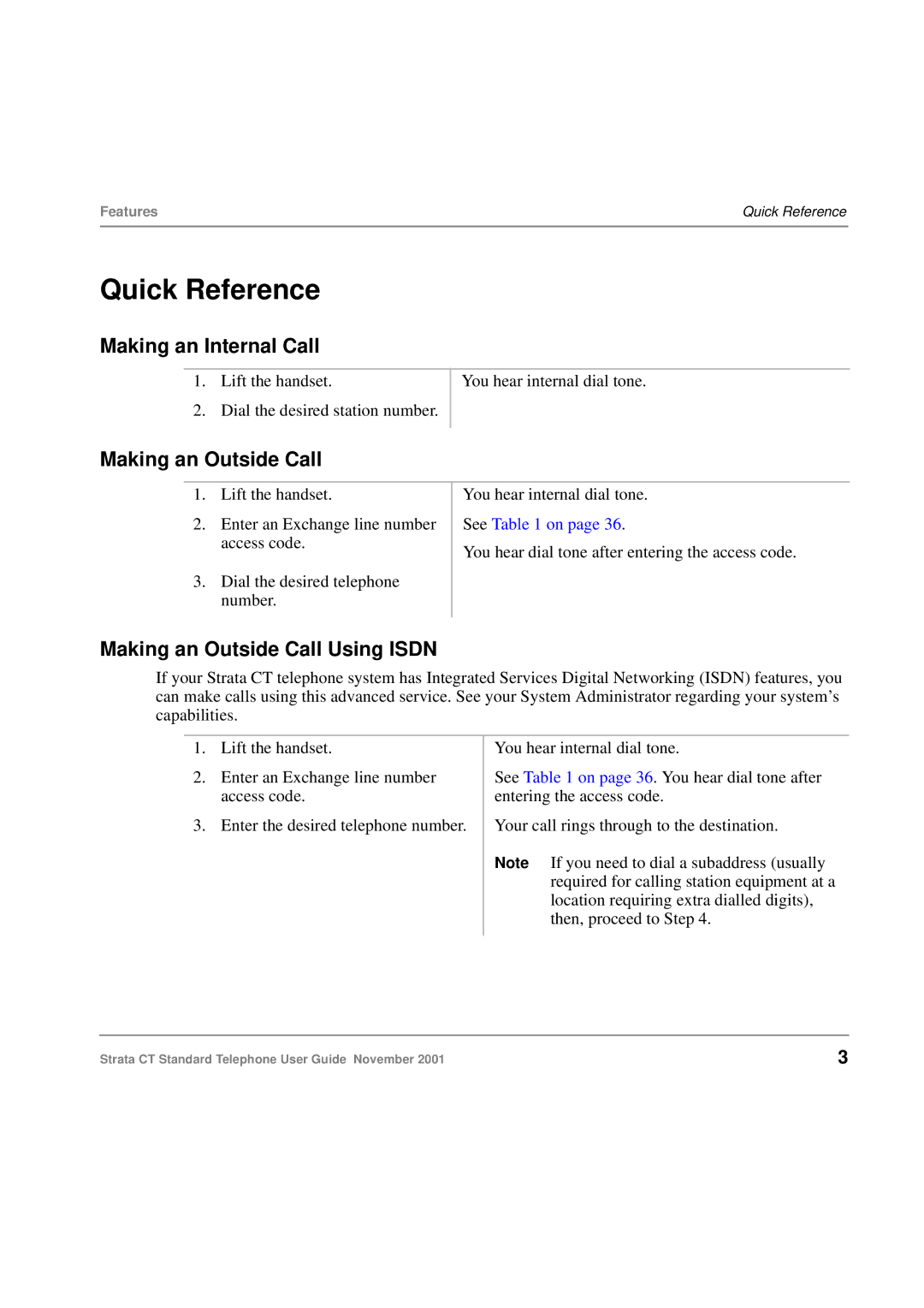 Toshiba Strata CT manual Quick Reference, Making an Internal Call, Making an Outside Call Using Isdn 