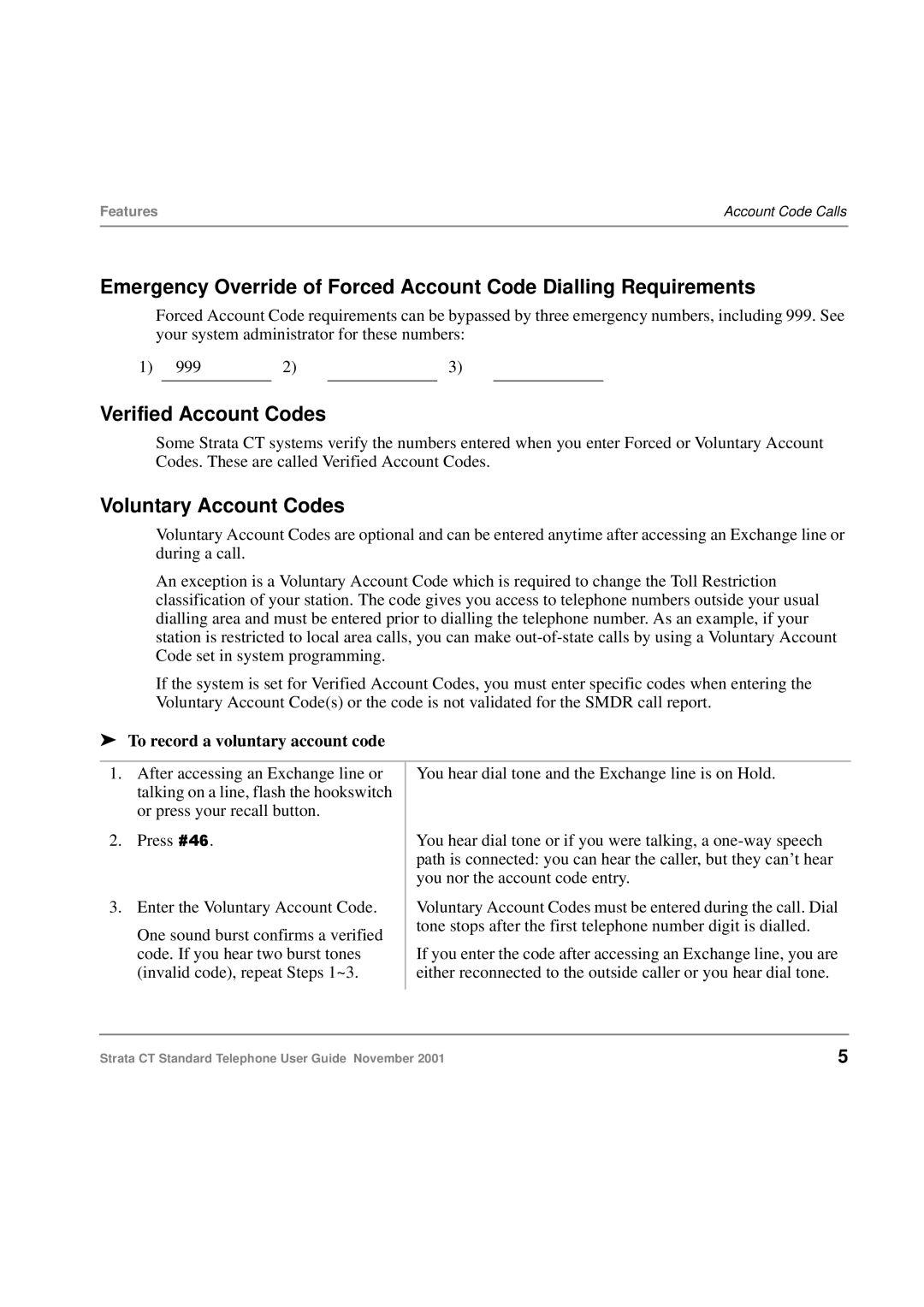 Toshiba Strata CT manual Verified Account Codes, Voluntary Account Codes, To record a voluntary account code 