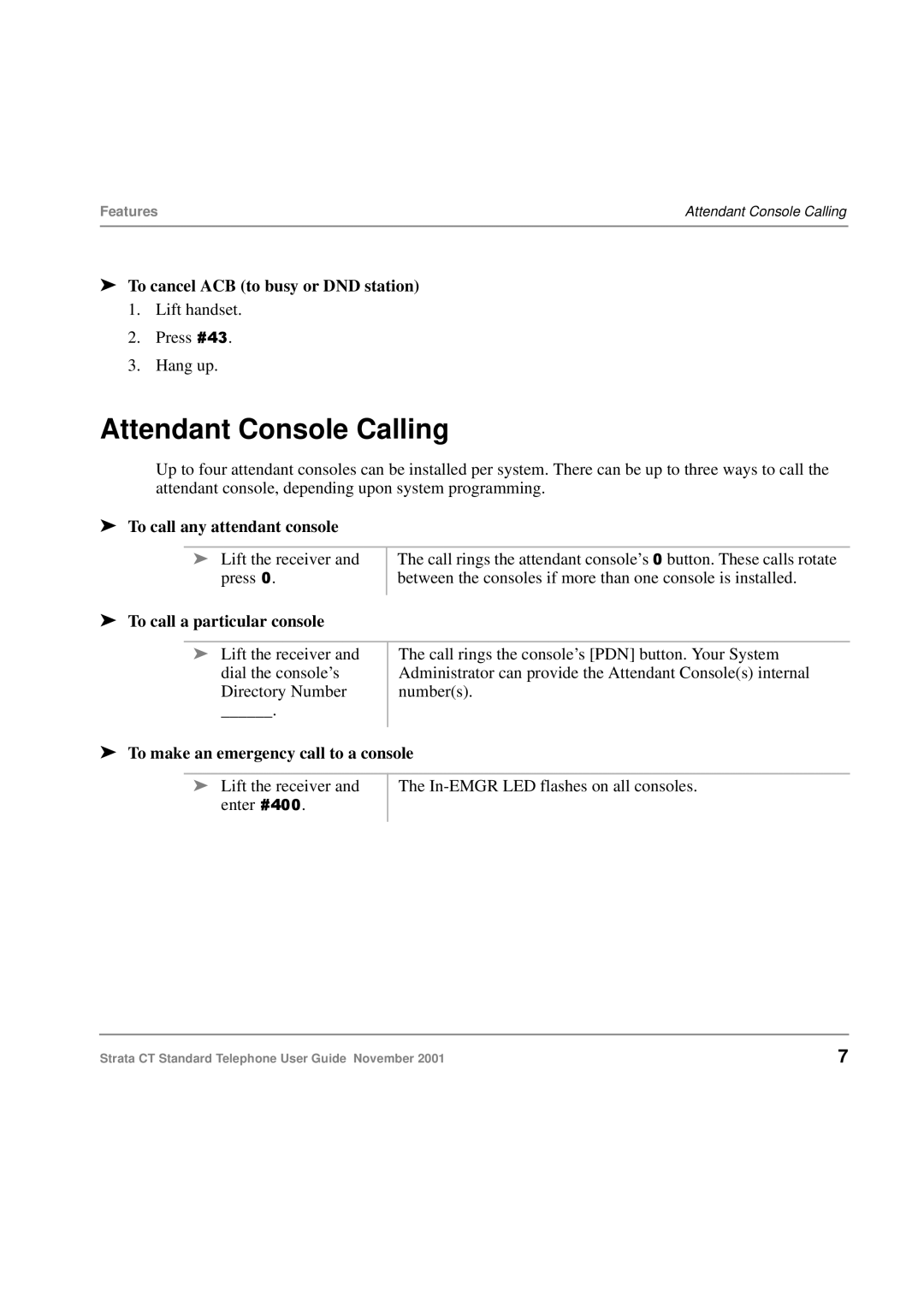 Toshiba Strata CT manual Attendant Console Calling, To cancel ACB to busy or DND station, To call any attendant console 