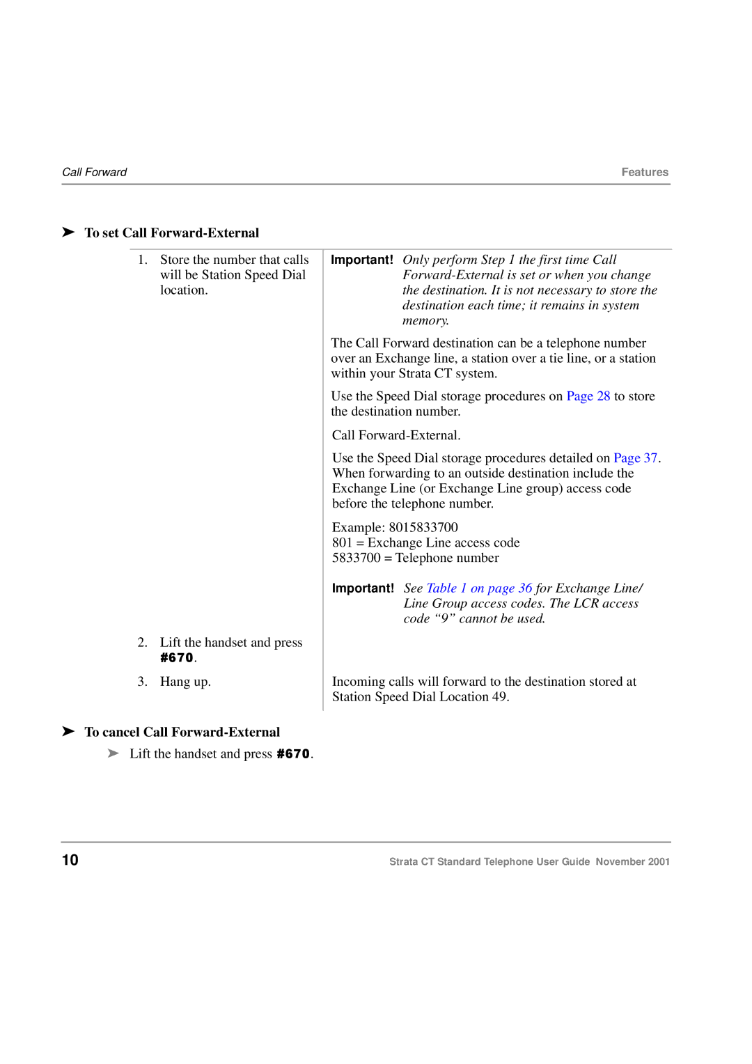 Toshiba Strata CT manual To set Call Forward-External, To cancel Call Forward-External 