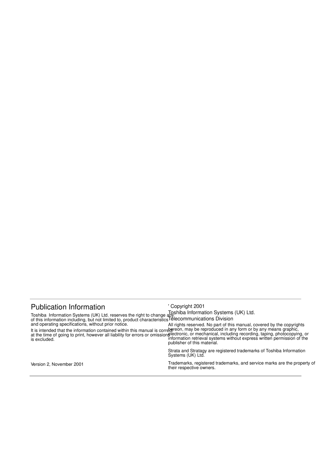 Toshiba Strata CT manual Publication Information, Copyright Telecommunications Division 