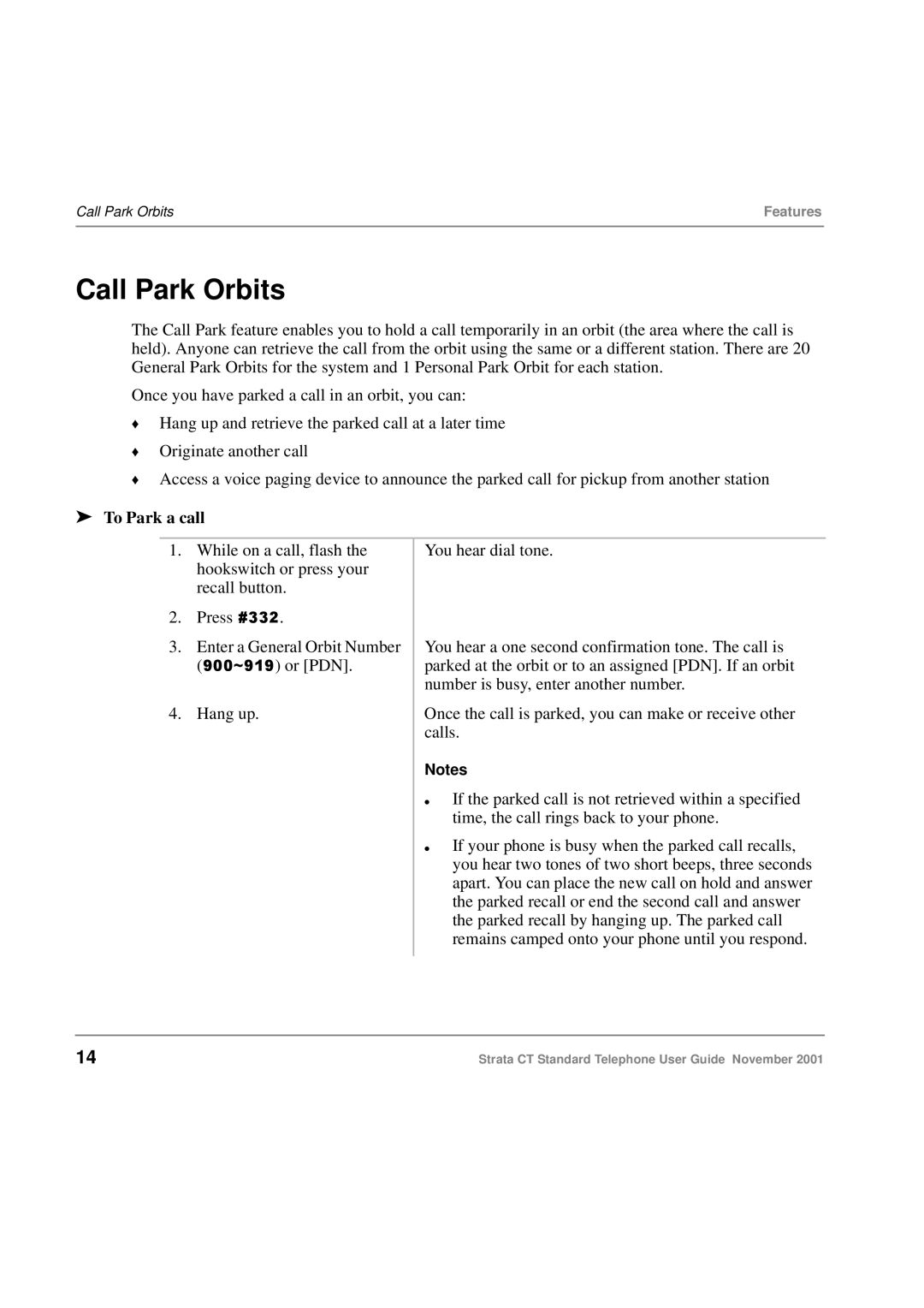 Toshiba Strata CT manual Call Park Orbits, To Park a call 