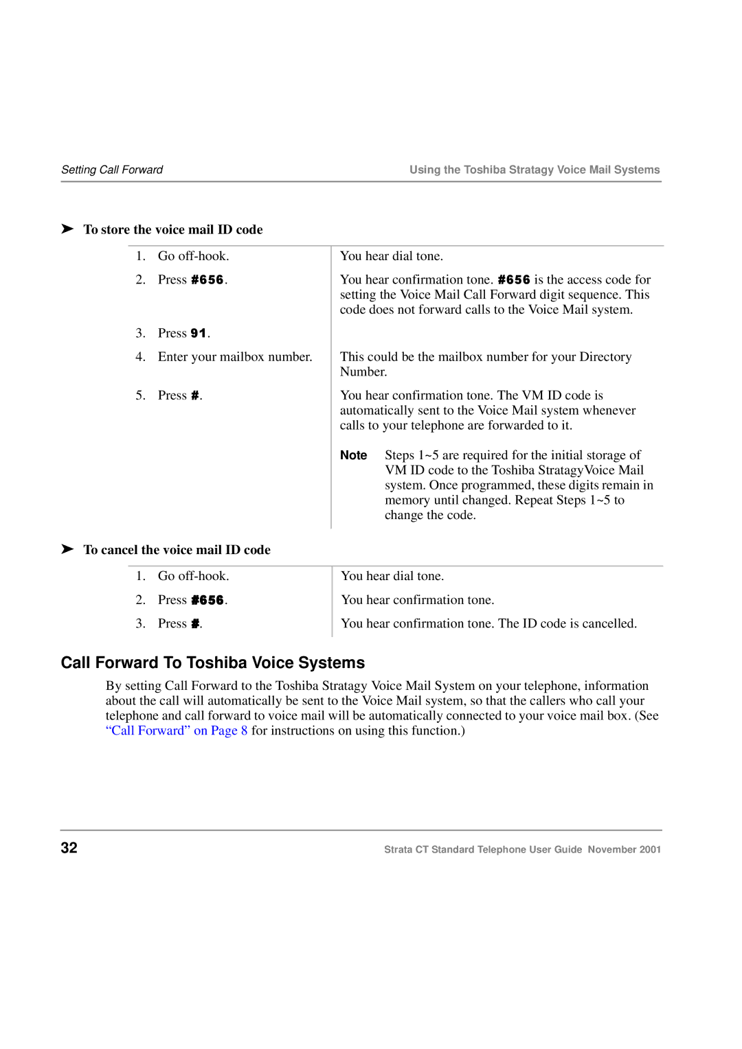 Toshiba Strata CT Call Forward To Toshiba Voice Systems, To store the voice mail ID code, To cancel the voice mail ID code 