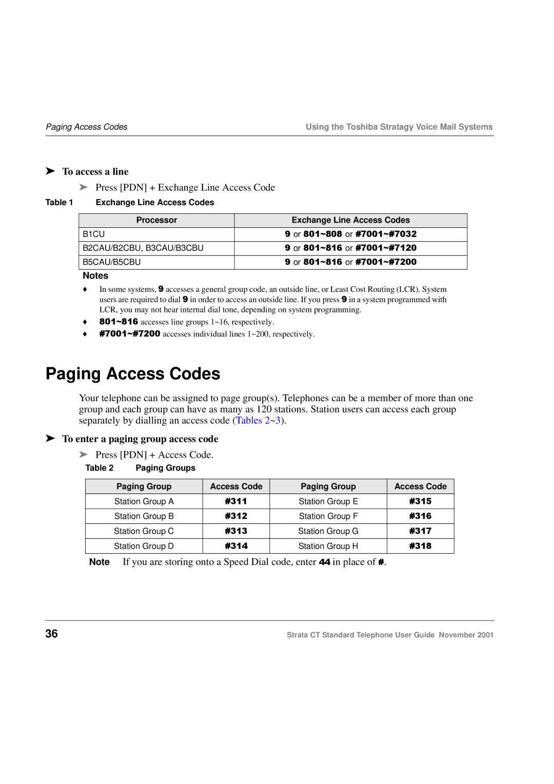 Toshiba Strata CT manual Paging Access Codes, To access a line, To enter a paging group access code 