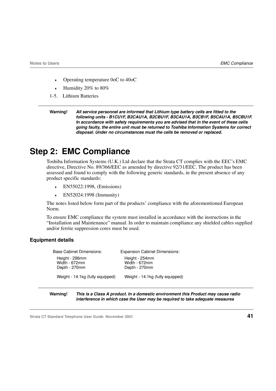 Toshiba Strata CT manual EMC Compliance, Equipment details 