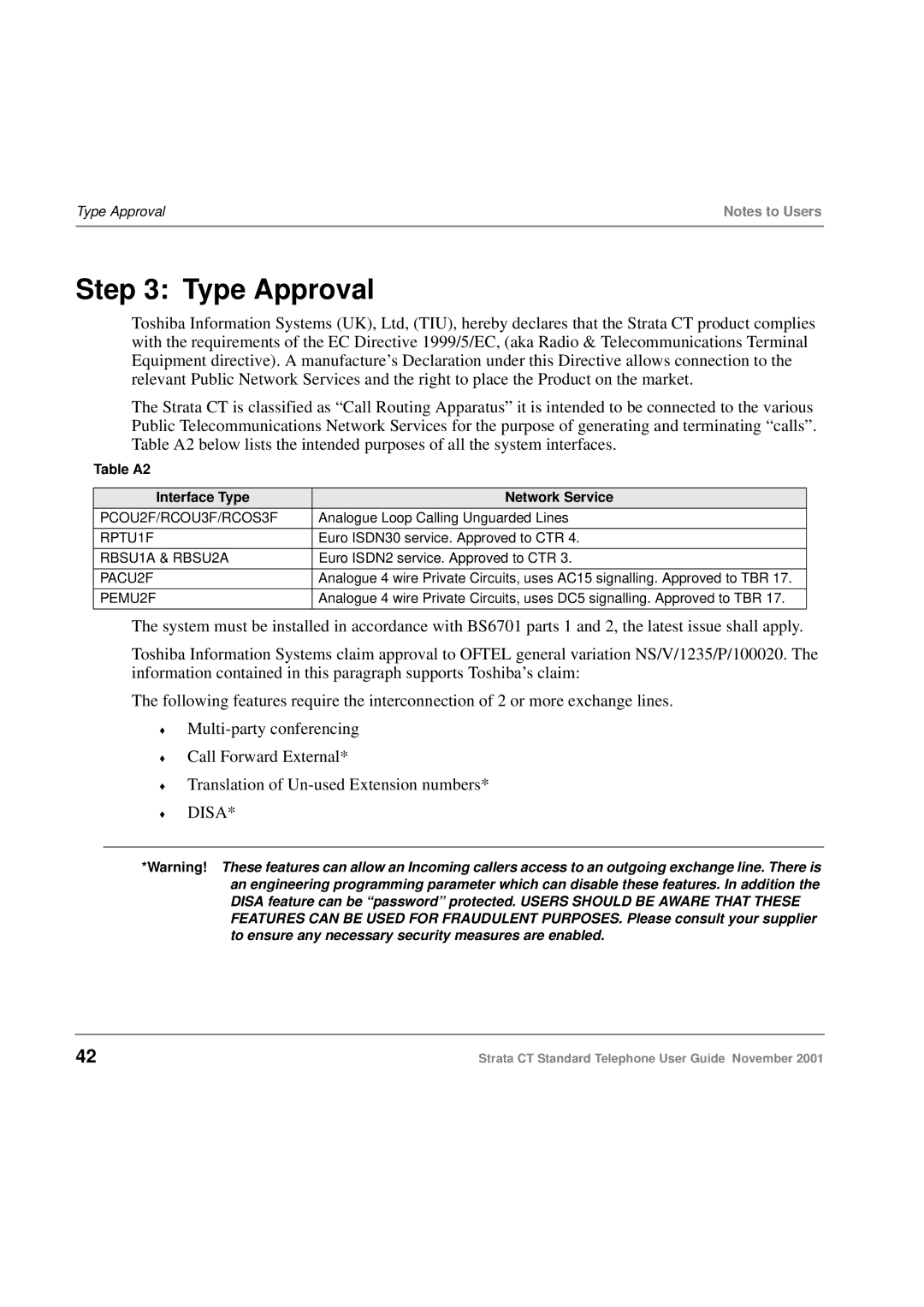 Toshiba Strata CT manual Type Approval, Table A2 Interface Type Network Service 