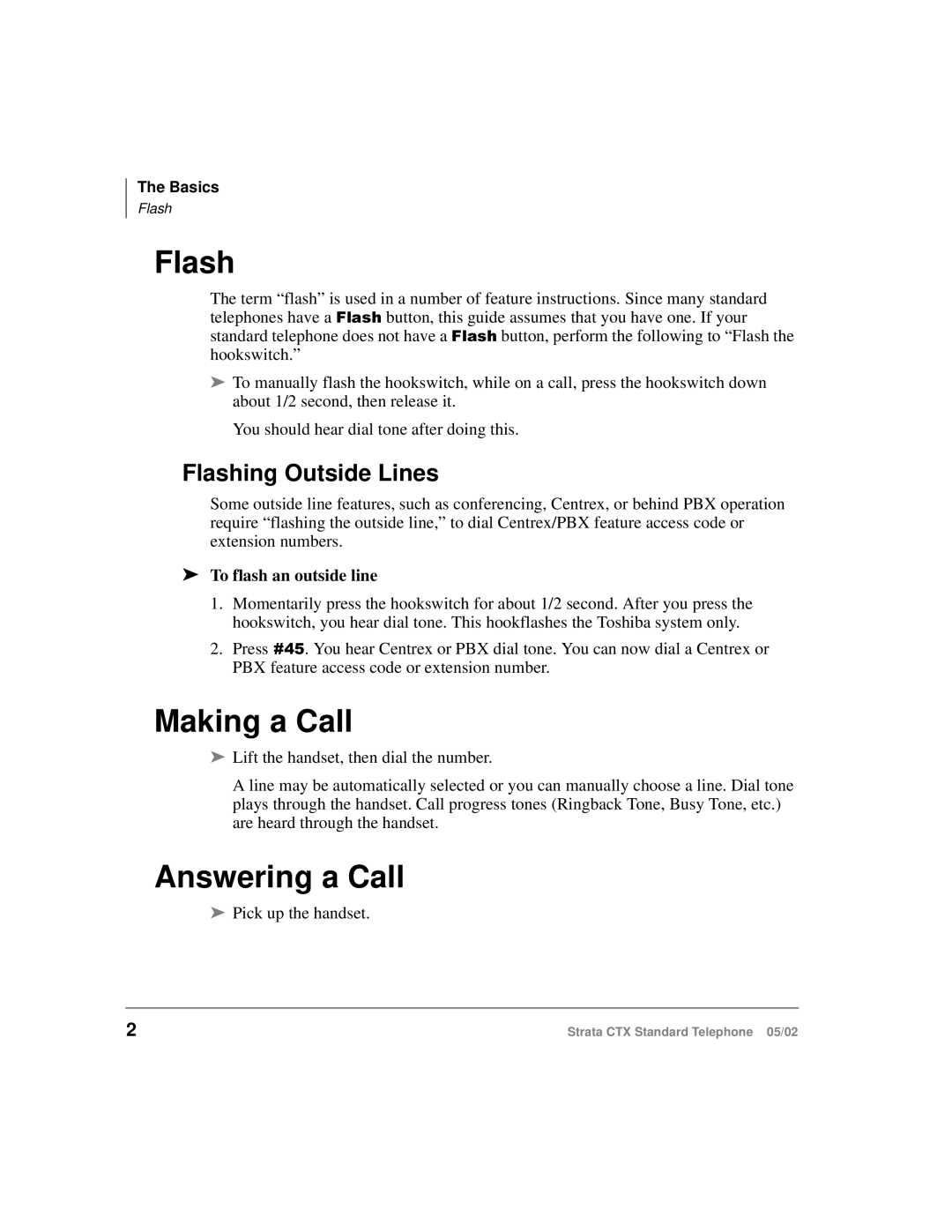 Toshiba Strata CTX manual Making a Call, Answering a Call, Flashing Outside Lines, To flash an outside line 