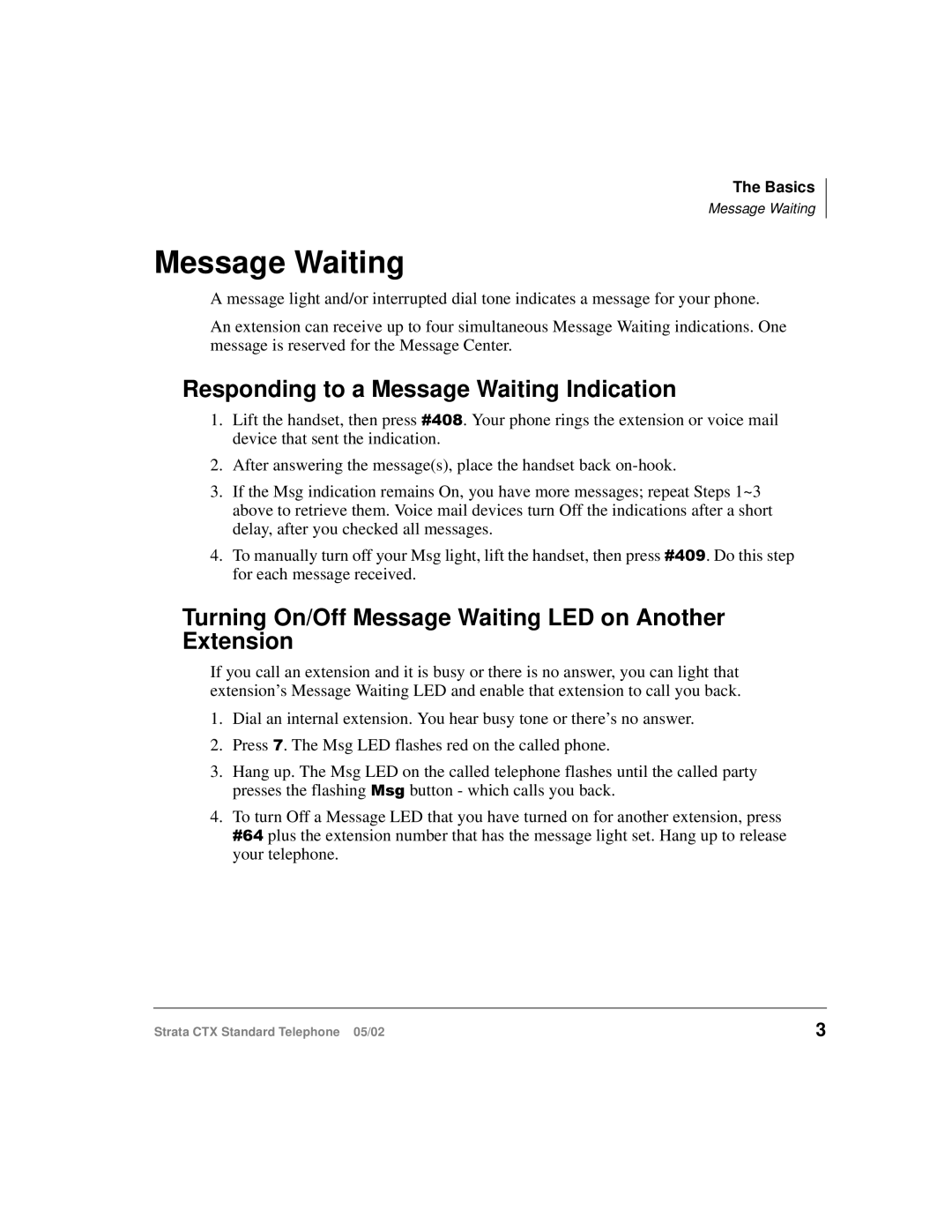 Toshiba Strata CTX Responding to a Message Waiting Indication, Turning On/Off Message Waiting LED on Another Extension 