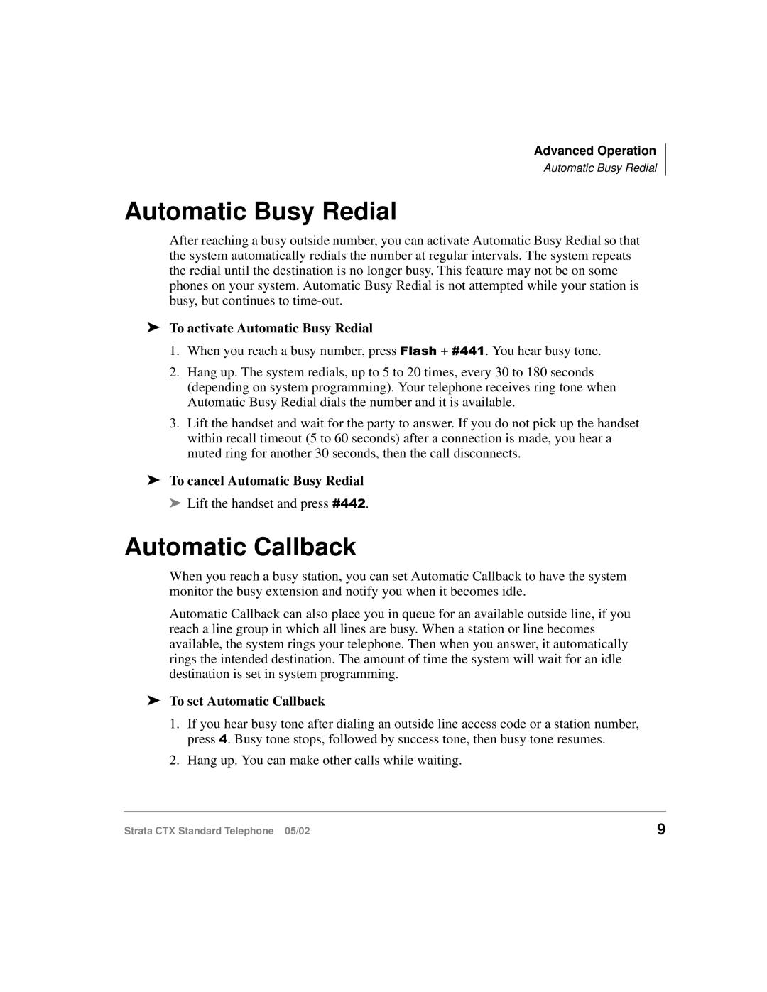 Toshiba Strata CTX manual Automatic Callback, To activate Automatic Busy Redial, To cancel Automatic Busy Redial 