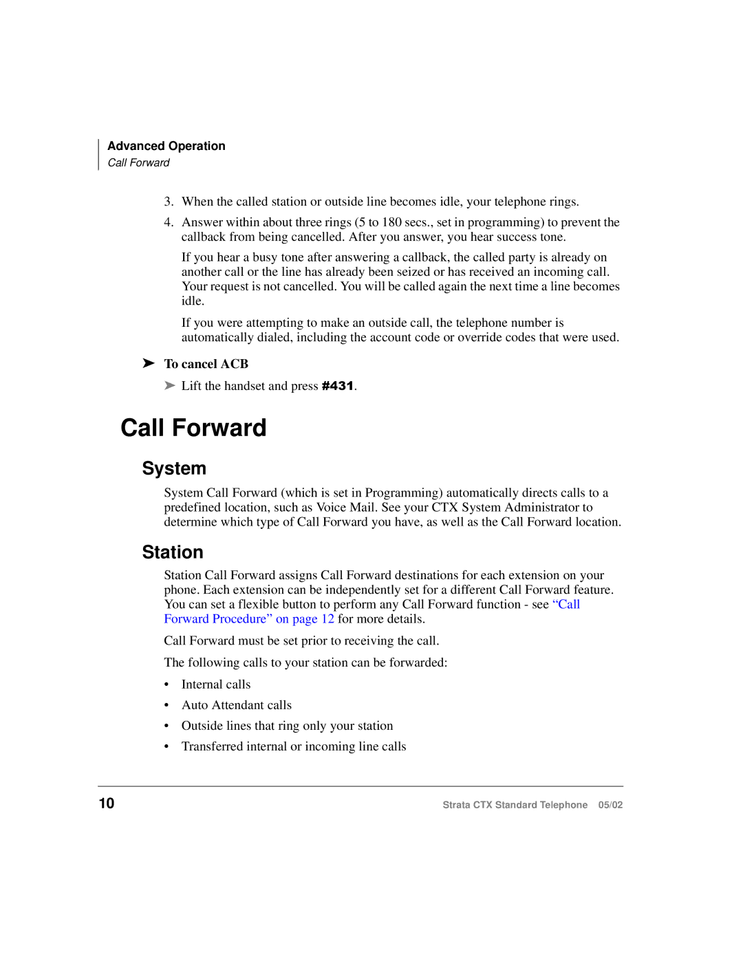 Toshiba Strata CTX manual Call Forward, System, Station, To cancel ACB 