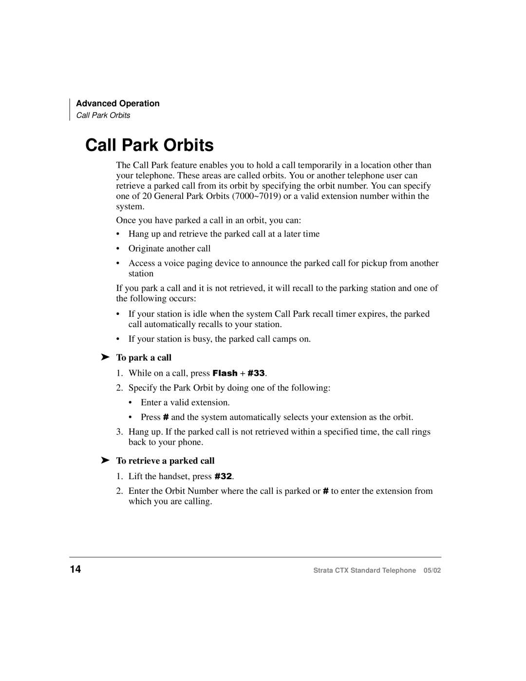 Toshiba Strata CTX manual Call Park Orbits, To park a call, To retrieve a parked call 