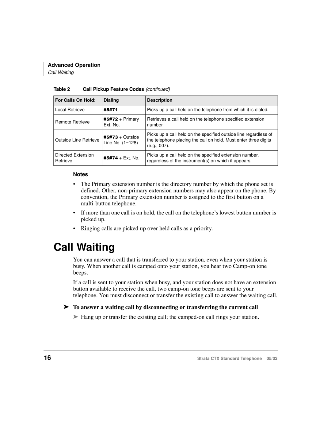 Toshiba Strata CTX manual Call Waiting, For Calls On Hold Dialing Description 